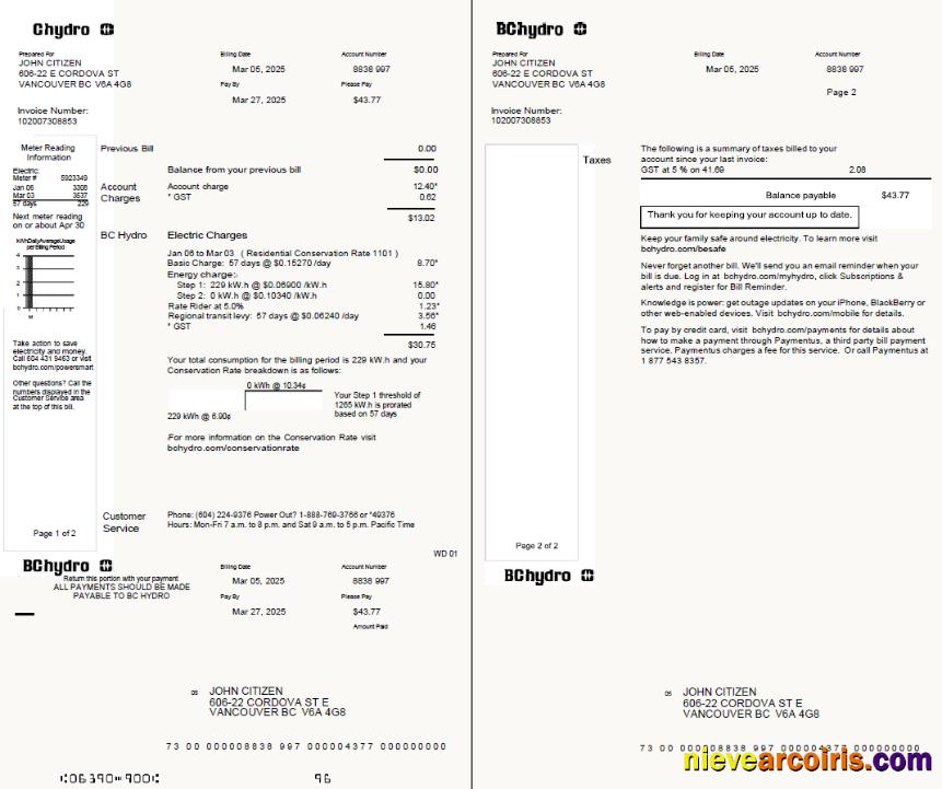 Canada Chydro utility bill, 2 pages